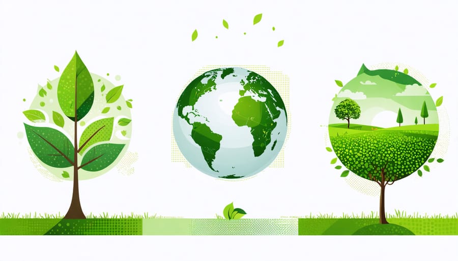 Icons representing environmental benefits like a green Earth, leaf, and reduced carbon footprint for eco-friendly solutions