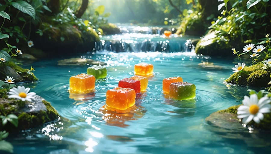 HHC gummies dissolving in a clear stream with lush green foliage and vibrant flowers, symbolizing their eco-friendly decontamination capabilities.