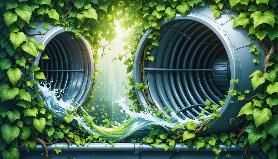 Illustration of a clean air duct surrounded by green vines, emitting fresh air to symbolize eco-friendly and efficient cleaning methods.