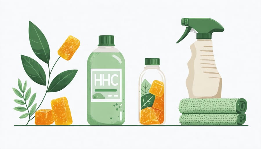 HHC gummies positioned next to eco-friendly cleaning products, showcasing potential uses in sustainable cleaning